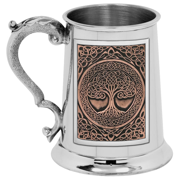 english factory 1pt* Pewter Tankard with Embossed Copper Tree Of Life Design