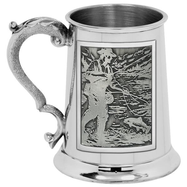 english factory 1pt* Pewter Tankard with Embossed Fishing Badge