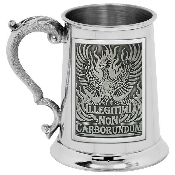 english factory 1pt* Pewter Tankard with Embossed "ILLEGIMIMI NON CARBORUNDUM" Badge