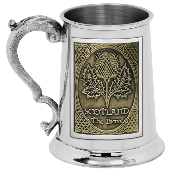 english factory 1pt* Pewter Tankard with Embossed Thistle Brass Badge
