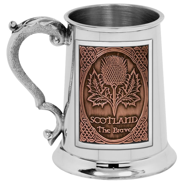 english factory 1pt* Pewter Tankard with Embossed Thistle Copper Badge