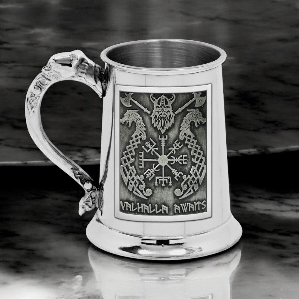 English Factory 1pt* Pewter Tankard With Viking Valhalla Design And Nordic Handle