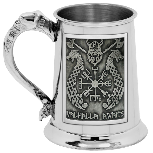 english factory 1pt* Pewter Tankard with Viking Valhalla Design and Nordic Handle