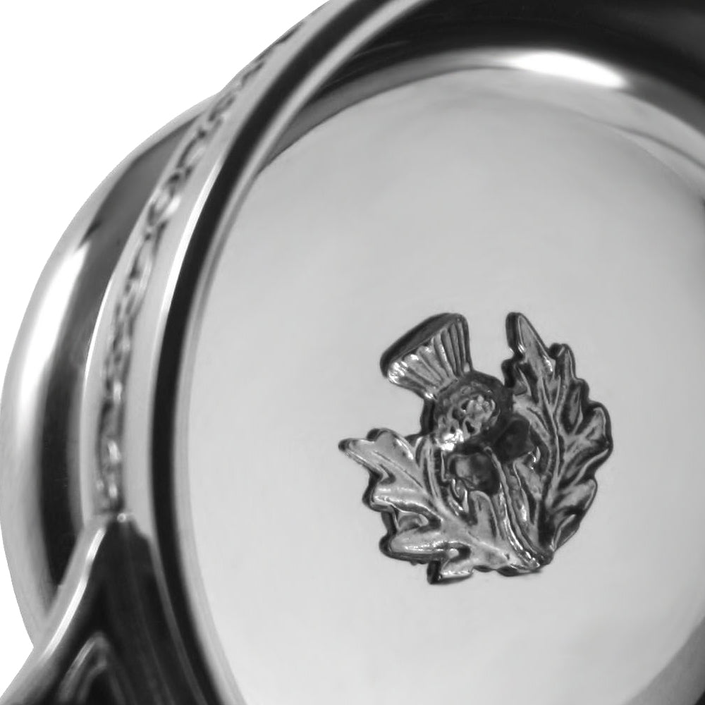English Factory 2.5 Inch Celtic Knot Handle Pewter Quaich Bowl With Scottish Thistle Badge