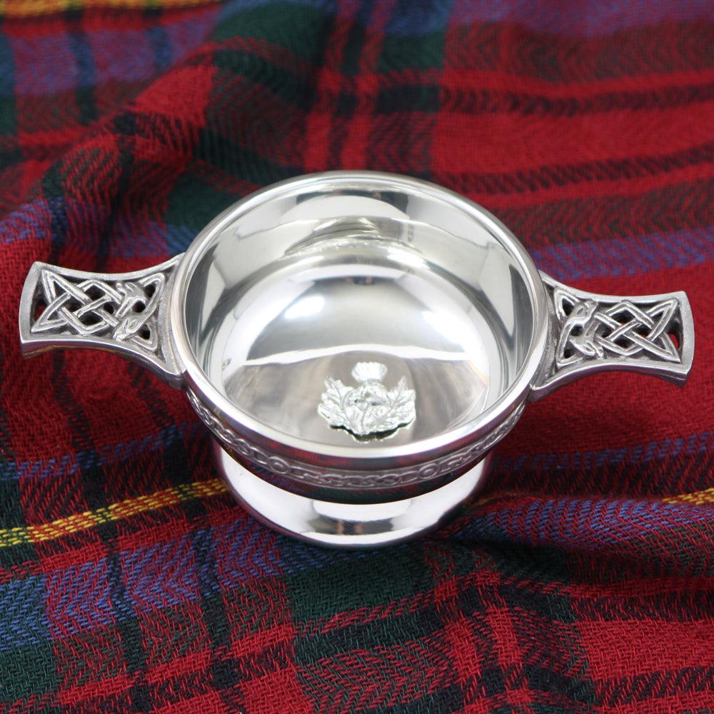 English Factory 2.5 Inch Celtic Knot Handle Pewter Quaich Bowl With Scottish Thistle Badge