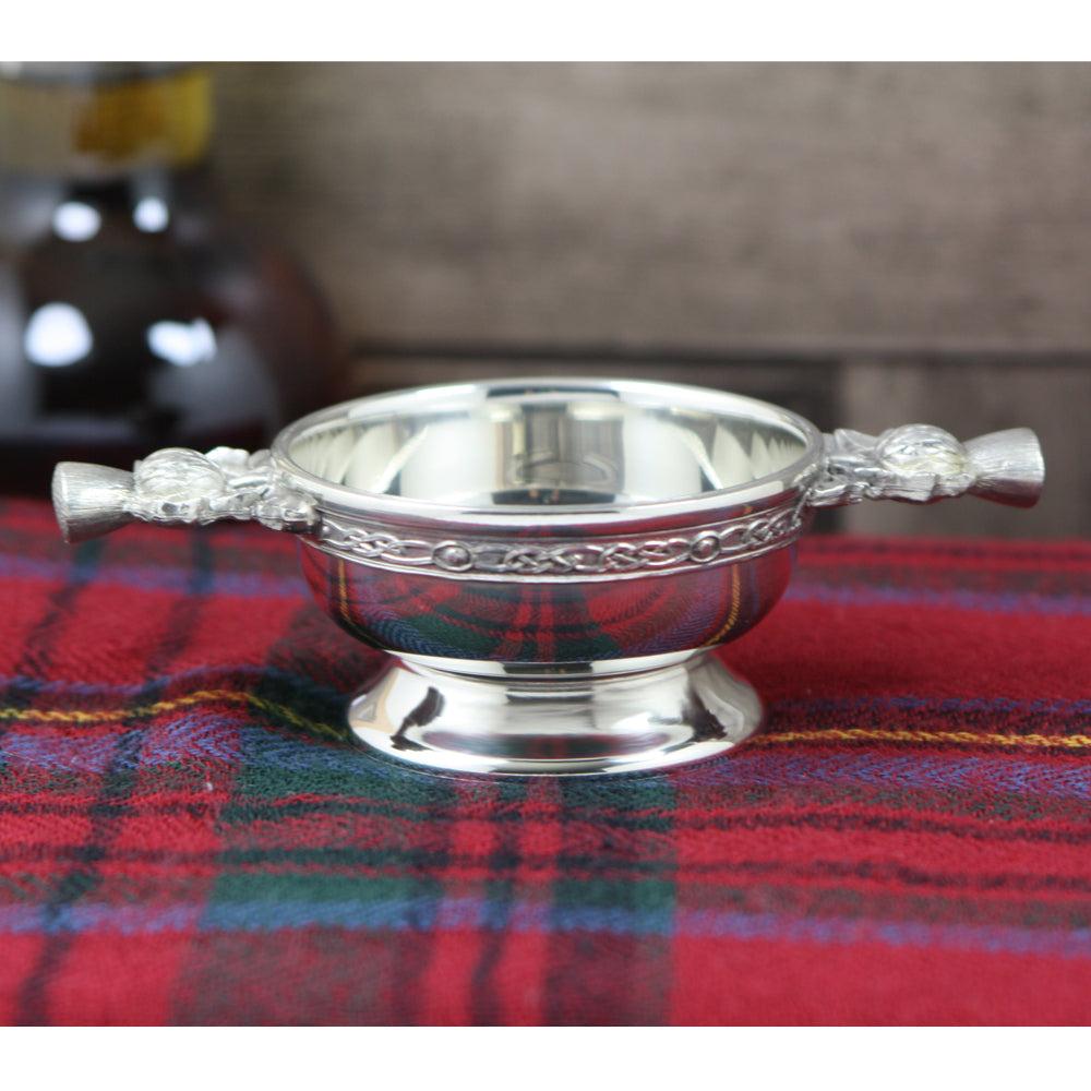 English Factory 2.5 Inch Scottish Thistle Handle Pewter Quaich Bowl