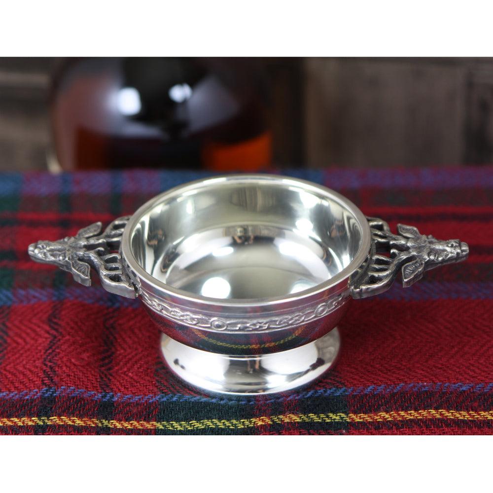 English Factory 2.5 Inch Stag Handle Pewter Quaich Bowl