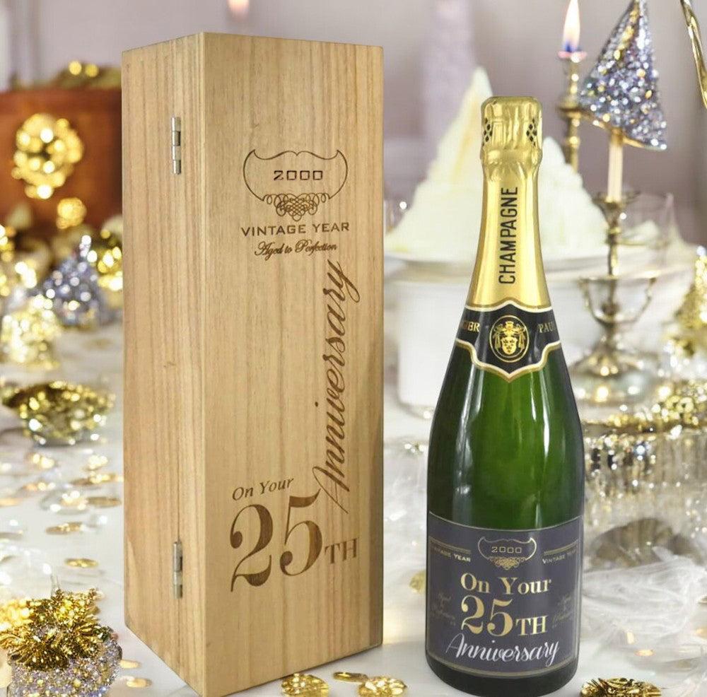 English Factory 25th Anniversary Personalised 75cl Bottle Of Champagne Presented In An Engraved Wooden Box 2000
