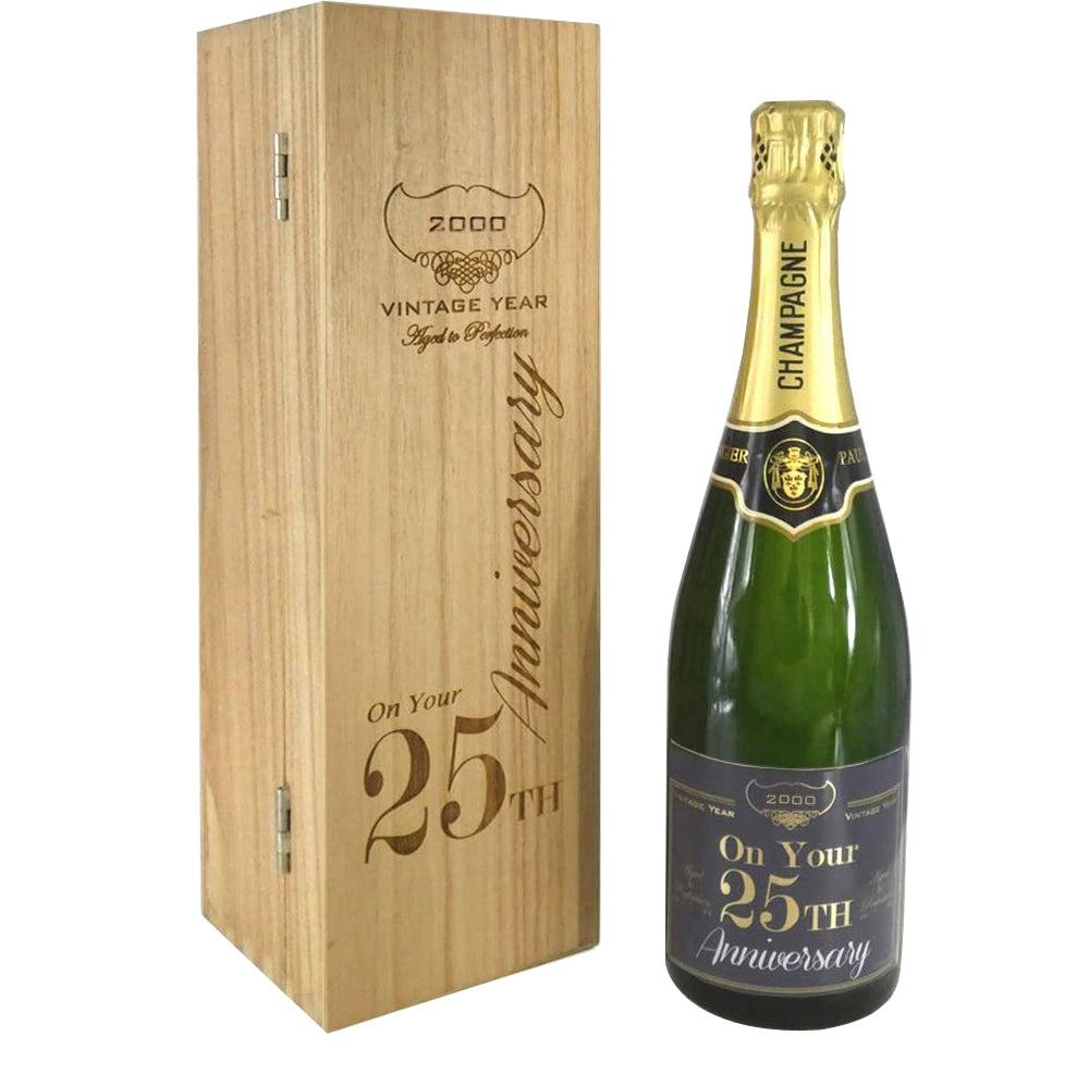 English Factory 25th Anniversary Personalised 75cl Bottle Of Champagne Presented In An Engraved Wooden Box 2000