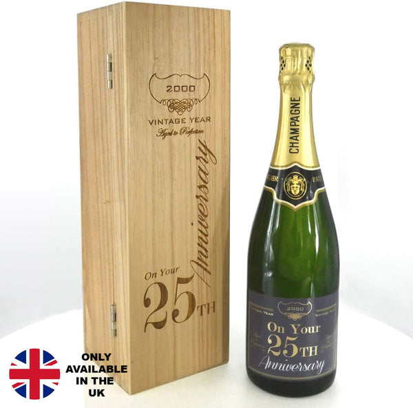 english factory 25th Anniversary Personalised 75cl Bottle of Champagne Presented in an engraved Wooden Box 2000