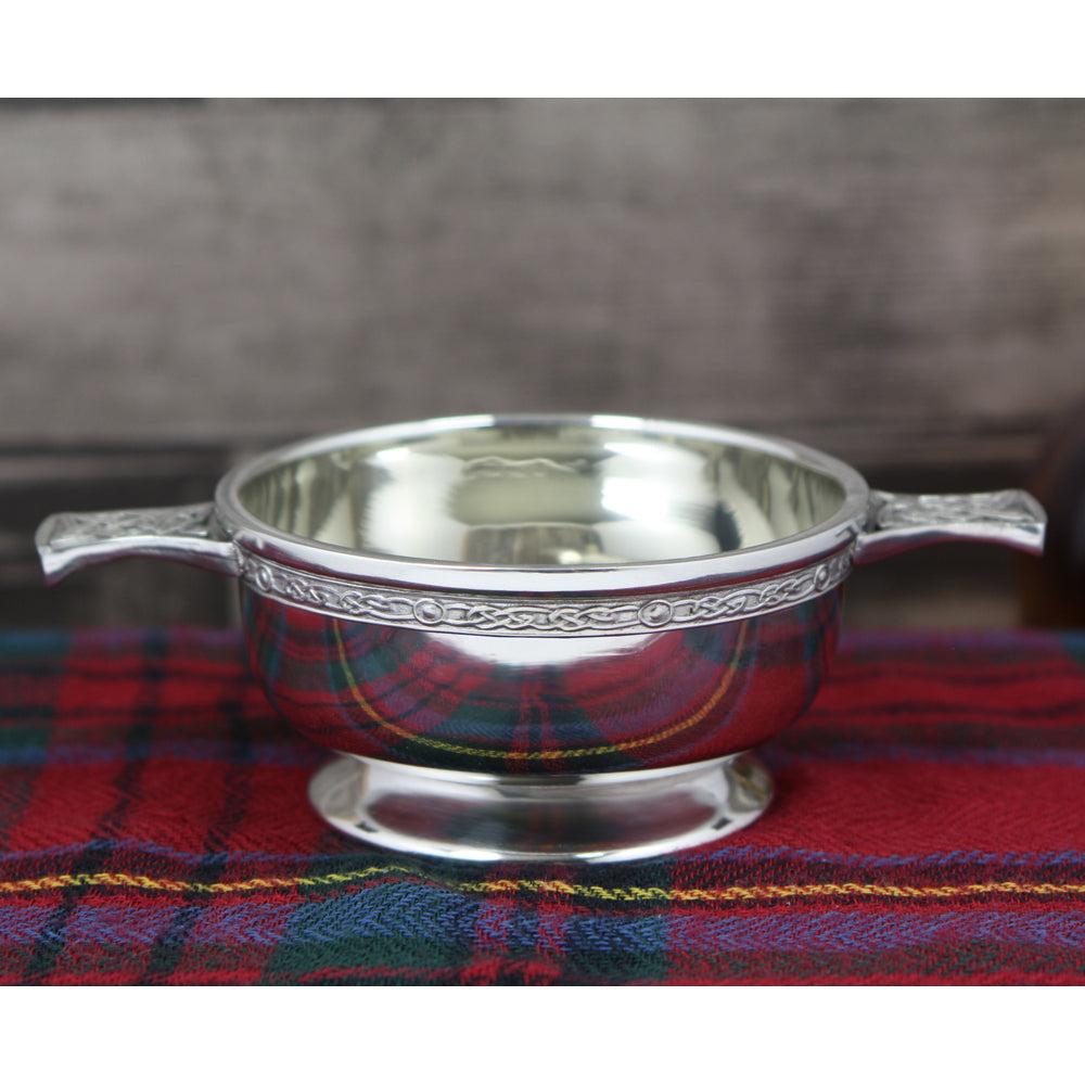 English Factory 3.5 Inch Celtic Knot Handle Pewter Quaich Bowl