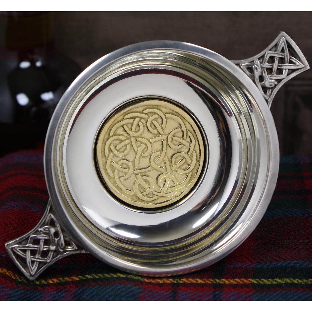 English Factory 3.5 Inch Celtic Knot Handle Pewter Quaich Bowl With Brass Badge