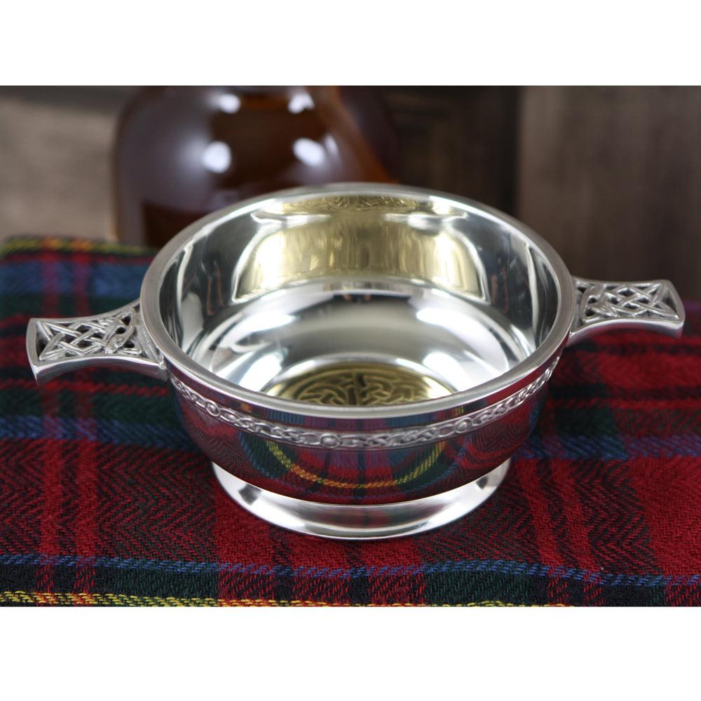 English Factory 3.5 Inch Celtic Knot Handle Pewter Quaich Bowl With Brass Badge