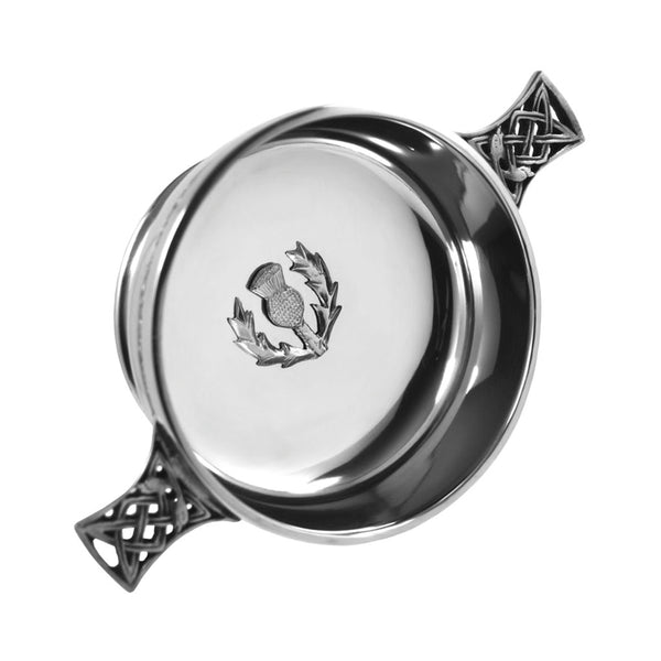 english factory 3.5 Inch Celtic Knot Handle Pewter Quaich Bowl with Scottish Thistle Badge