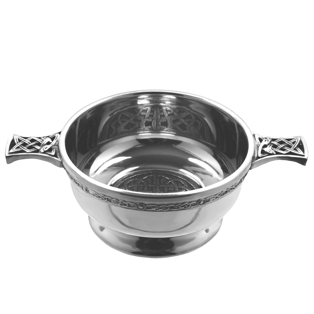 English Factory 3.5 Inch Celtic Knot Handle Pewter Quaich Bowl With Badge