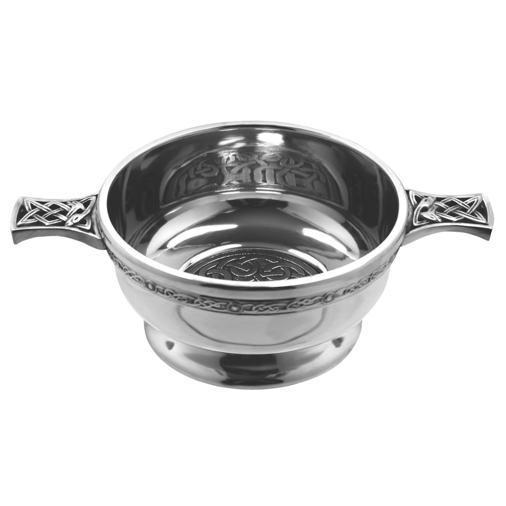 English Factory 3.5 Inch Celtic Knot Handle Pewter Quaich Bowl With Badge