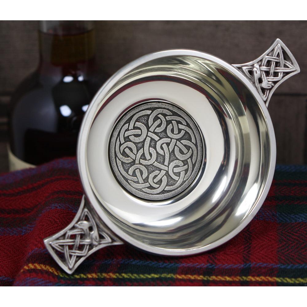English Factory 3.5 Inch Celtic Knot Handle Pewter Quaich Bowl With Badge