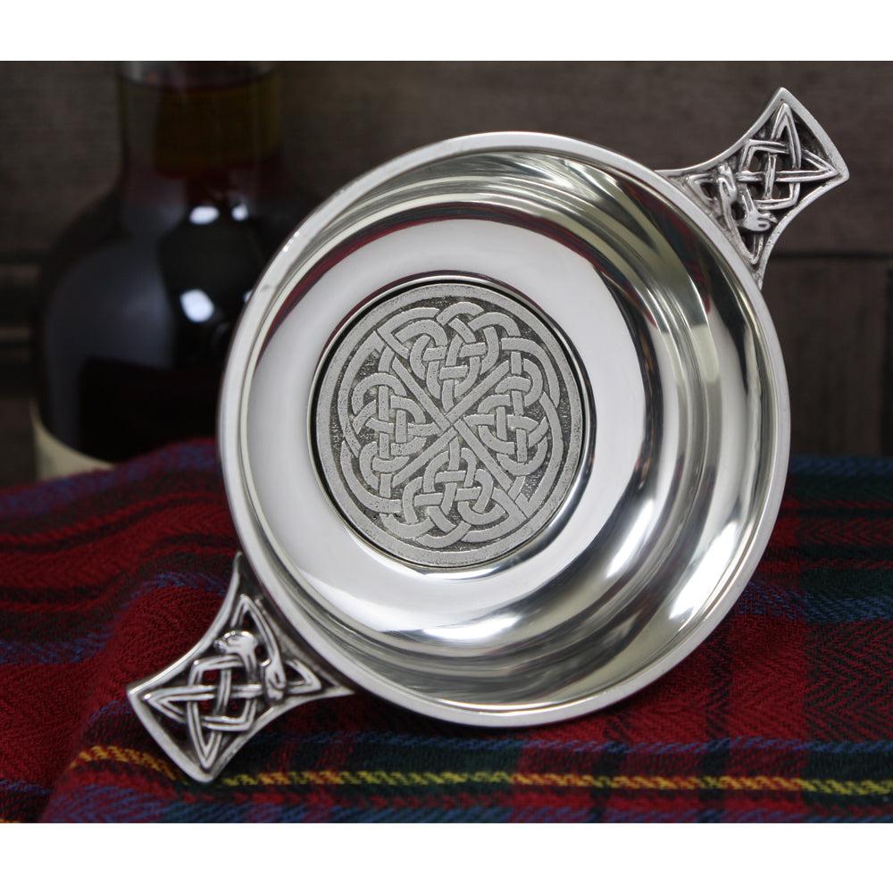 English Factory 3.5 Inch Celtic Knot Handle Pewter Quaich Bowl With Badge