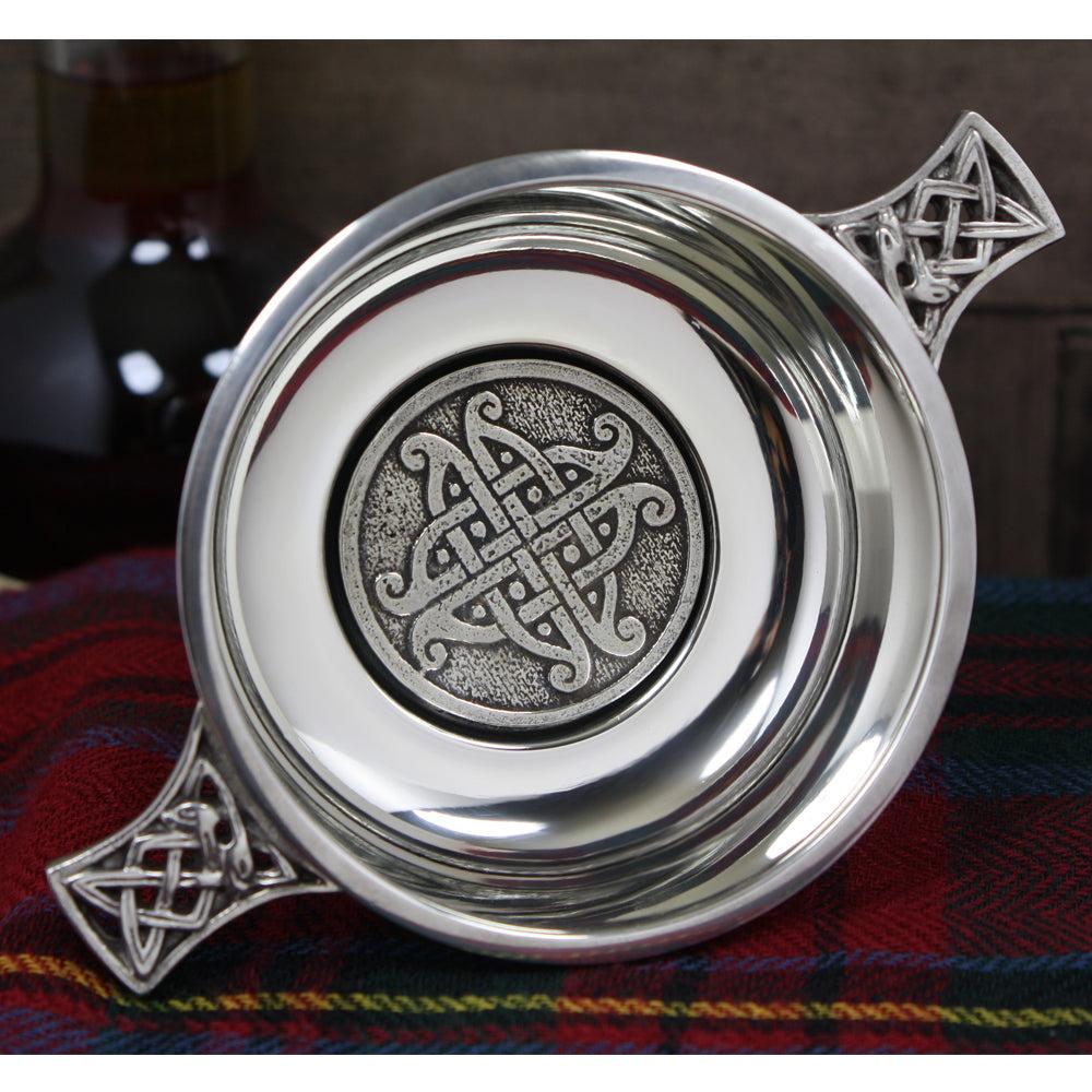 English Factory 3.5 Inch Celtic Knot Handle Pewter Quaich Bowl With Badge