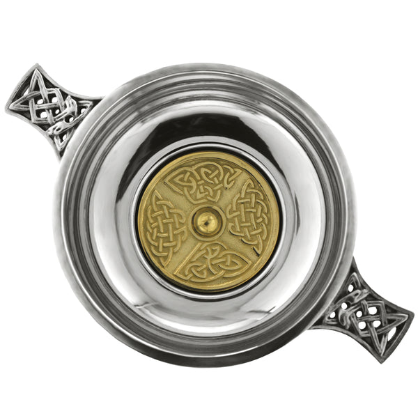 English Factory 3.5 Inch Celtic Knot Handle Pewter Quaich Bowl With Brass Badge