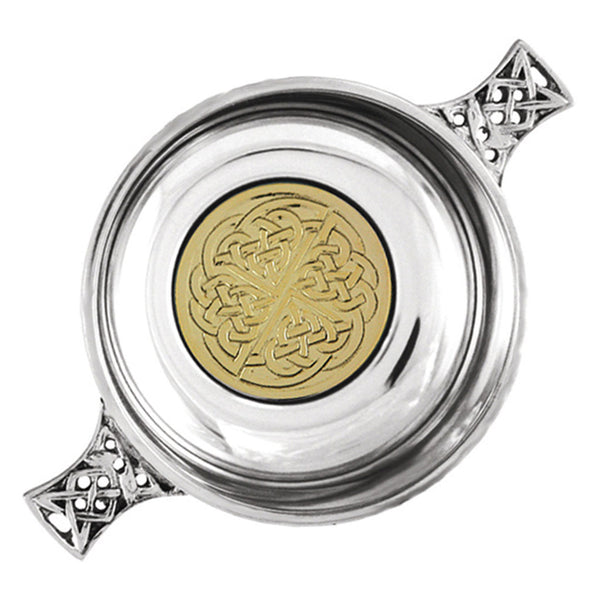 English Factory 3.5 Inch Celtic Knot Handle Pewter Quaich Bowl With Brass Badge