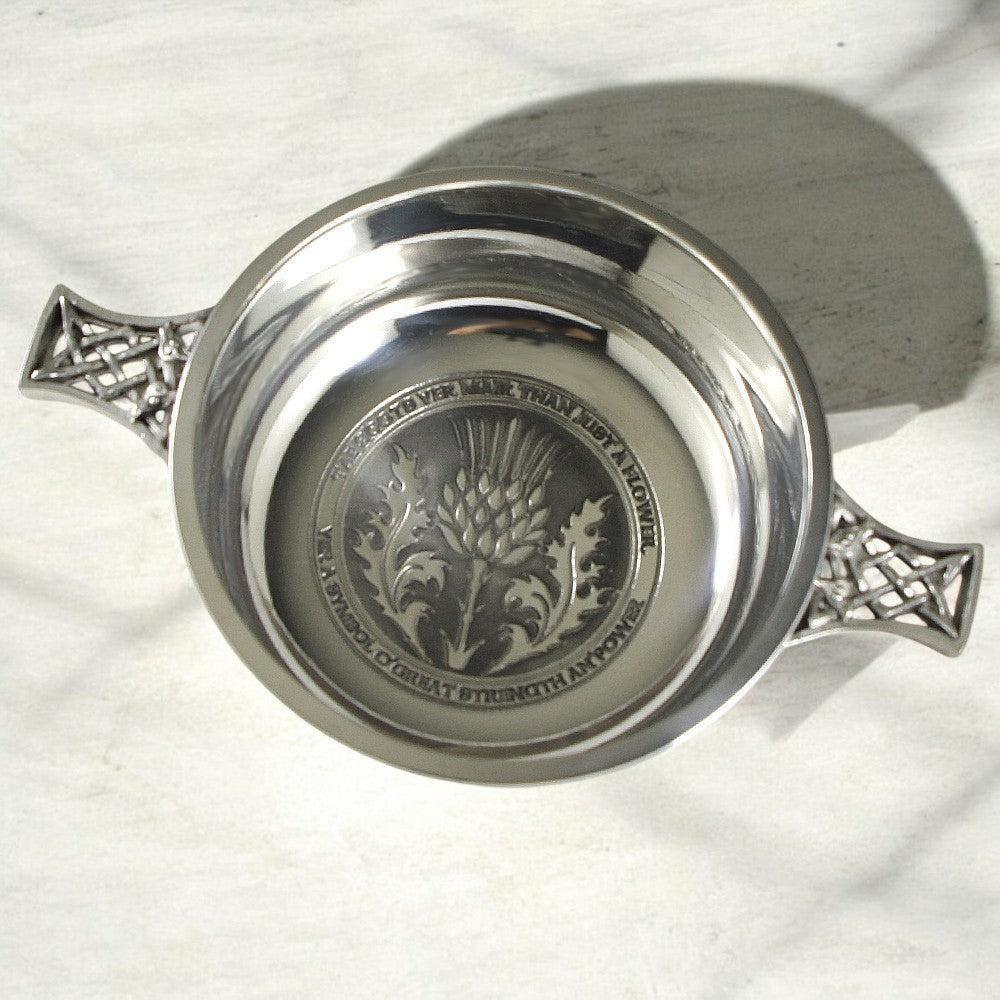 English Factory 3.5 Inch Celtic Knot Handle Pewter Quaich Bowl With Tae A Thistle Design