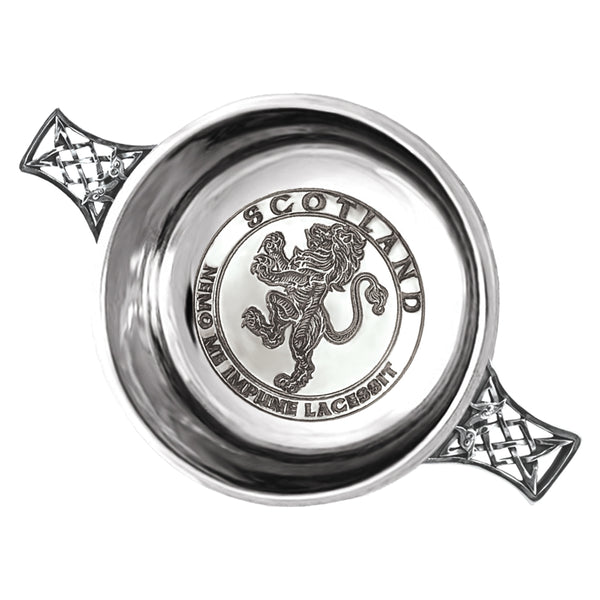 english factory 3.5 Inch Celtic Knot Handle Pewter Quaich Bowl with Rampant Lion Design