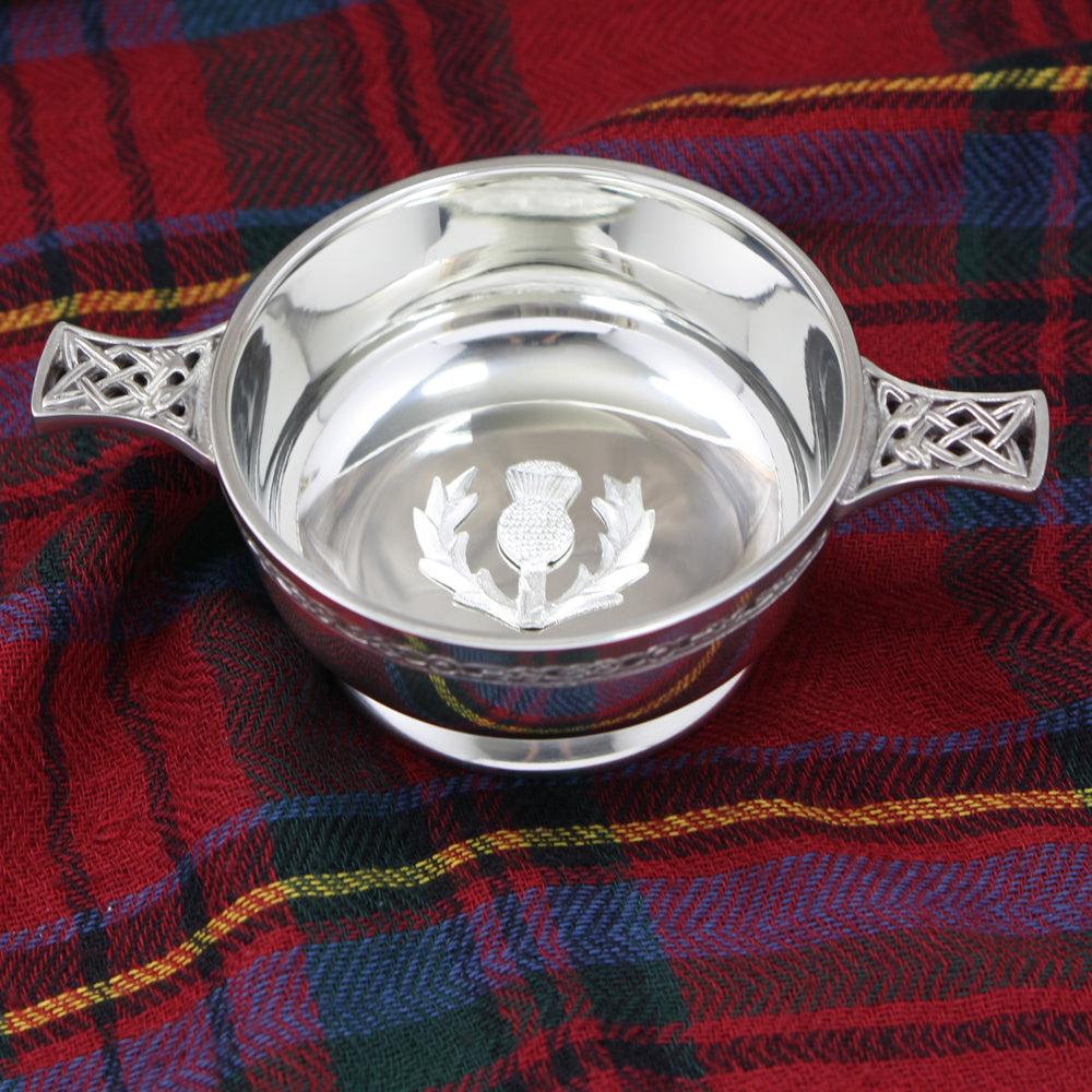 English Factory 3.5 Inch Celtic Knot Handle Pewter Quaich Bowl With Scottish Thistle Badge