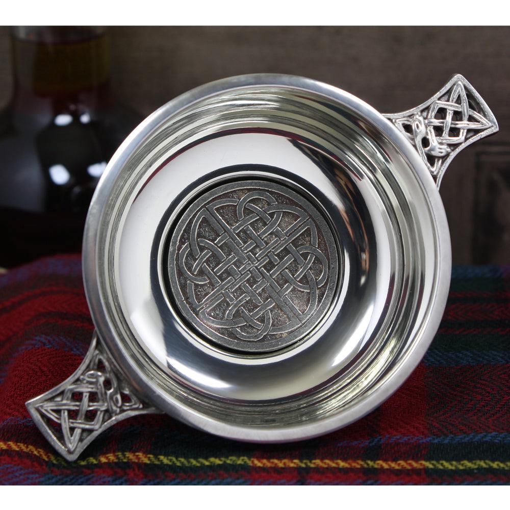 English Factory 3.5 Inch Celtic Knot Handle Pewter Quaich Bowl With Badge