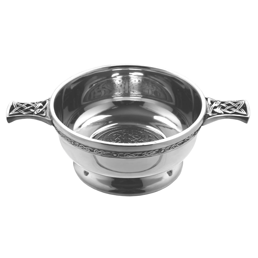 English Factory 3.5 Inch Celtic Knot Handle Pewter Quaich Bowl With Badge
