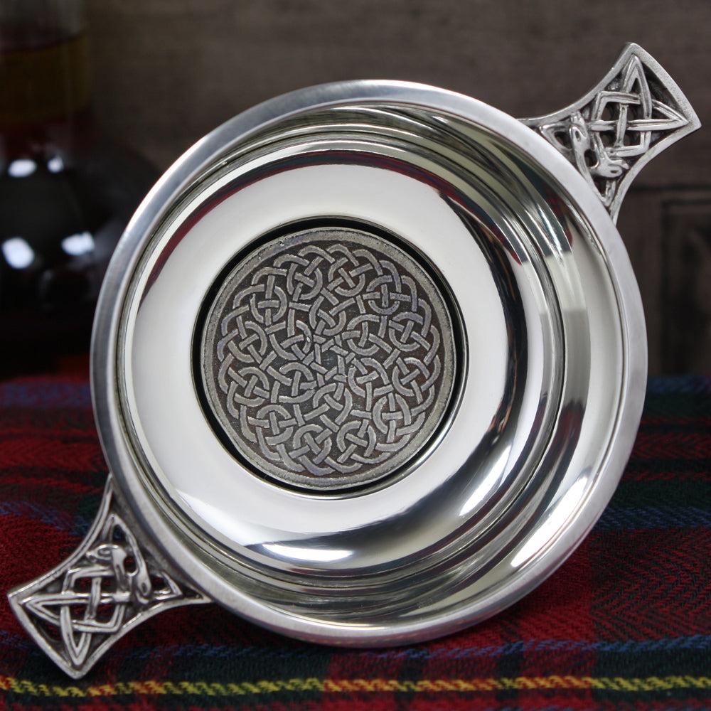 English Factory 3.5 Inch Celtic Knot Handle Pewter Quaich Bowl With Badge