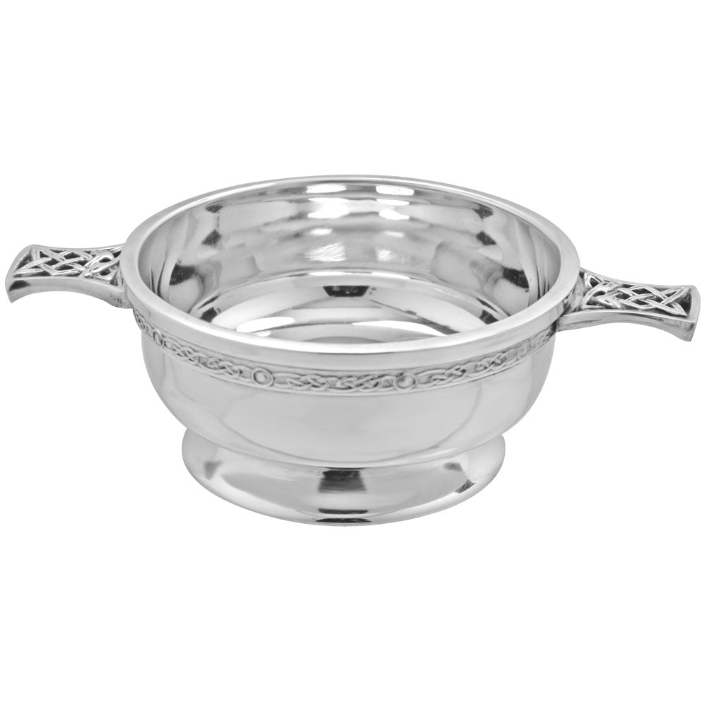 English Factory 3.5 Inch Celtic Knot Handle Pewter Quaich Bowl With Scottish Rampant Lion Badge