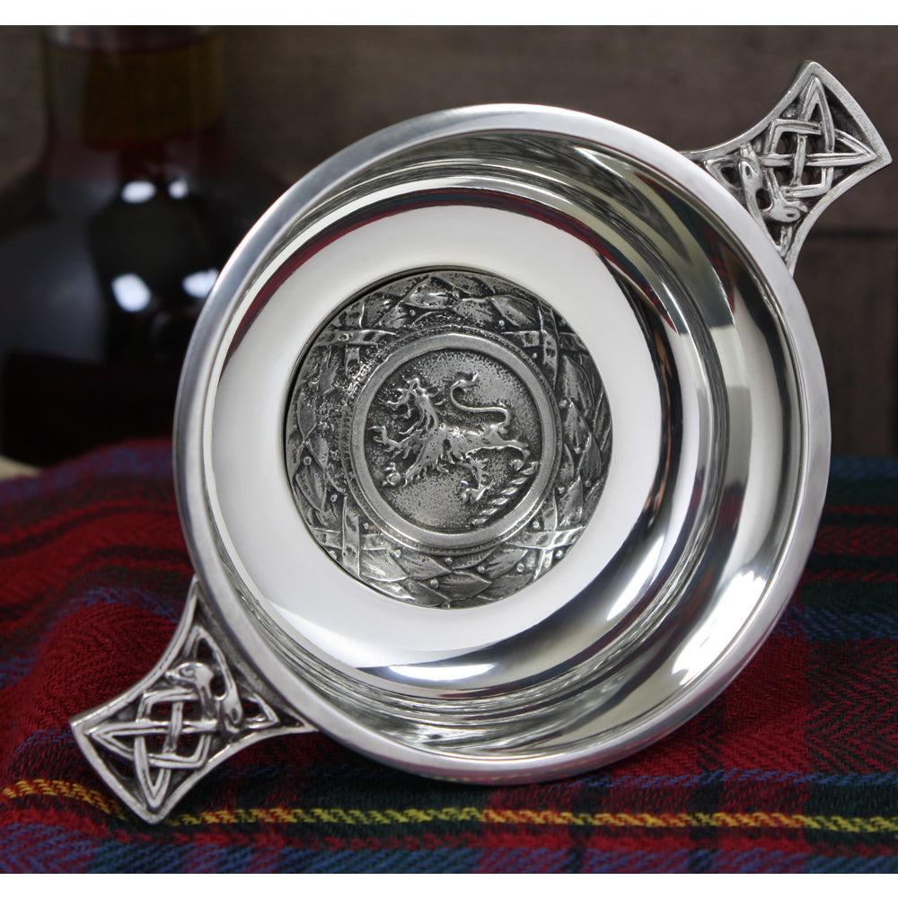 English Factory 3.5 Inch Celtic Knot Handle Pewter Quaich Bowl With Scottish Rampant Lion Badge