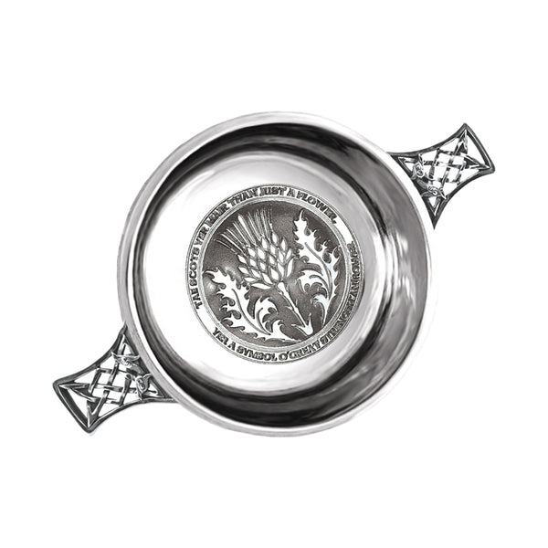 english factory 3.5 Inch Celtic Knot Handle Pewter Quaich Bowl with Tae A Thistle Design