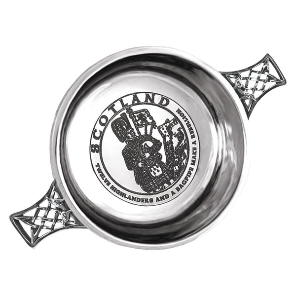 english factory 3.5 Inch Celtic Knot Handle Pewter Quaich Bowl with Highland Piper Design