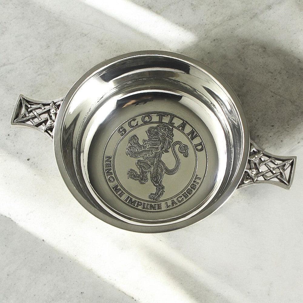 English Factory 3.5 Inch Celtic Knot Handle Pewter Quaich Bowl With Rampant Lion Design
