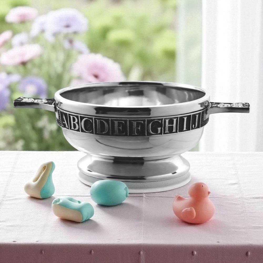 English Factory 3.5 Inch Childrens Pewter Quaich Bowl - ABC 123 Teddy Bear Handles