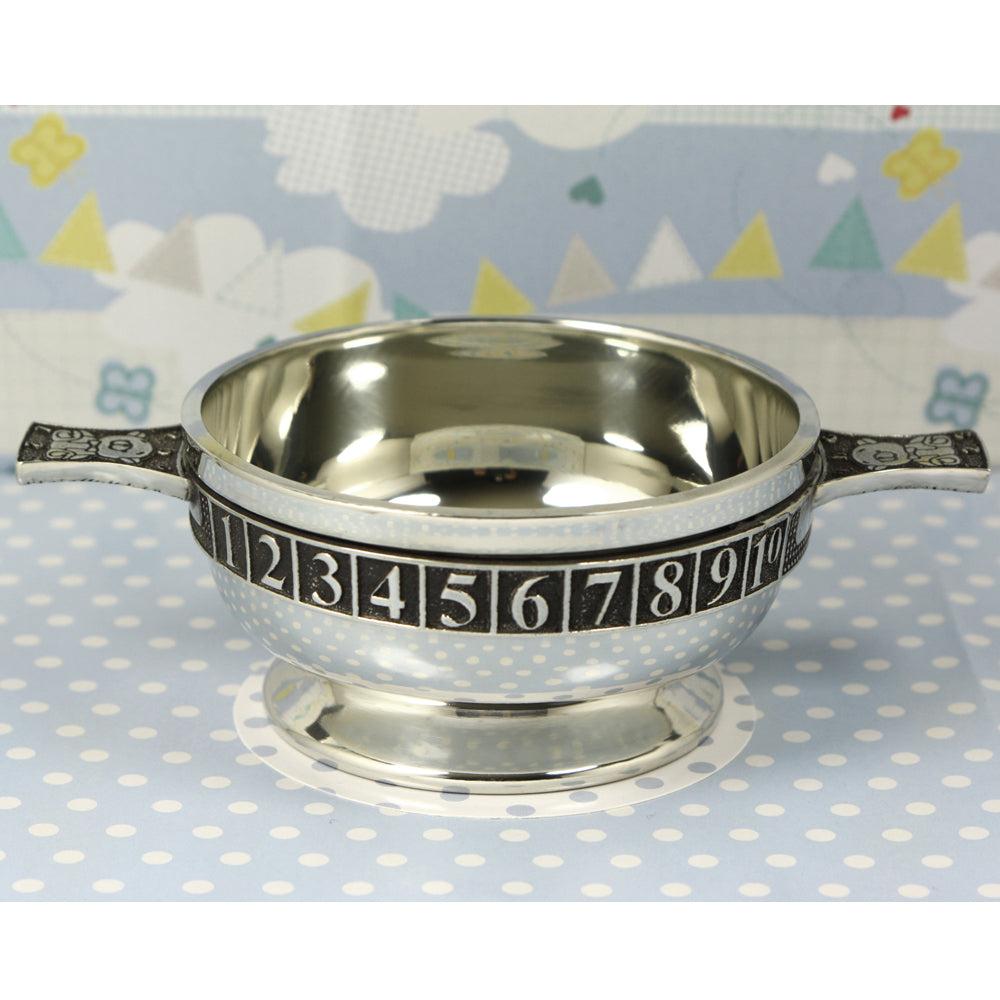English Factory 3.5 Inch Childrens Pewter Quaich Bowl - ABC 123 Teddy Bear Handles