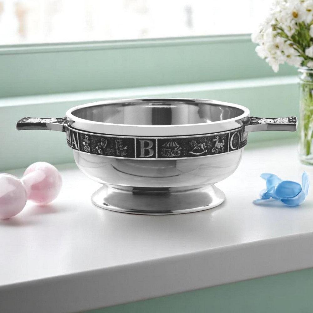 English Factory 3.5 Inch Childrens Pewter Quaich Bowl - ABC 123 Teddy Bear Handles