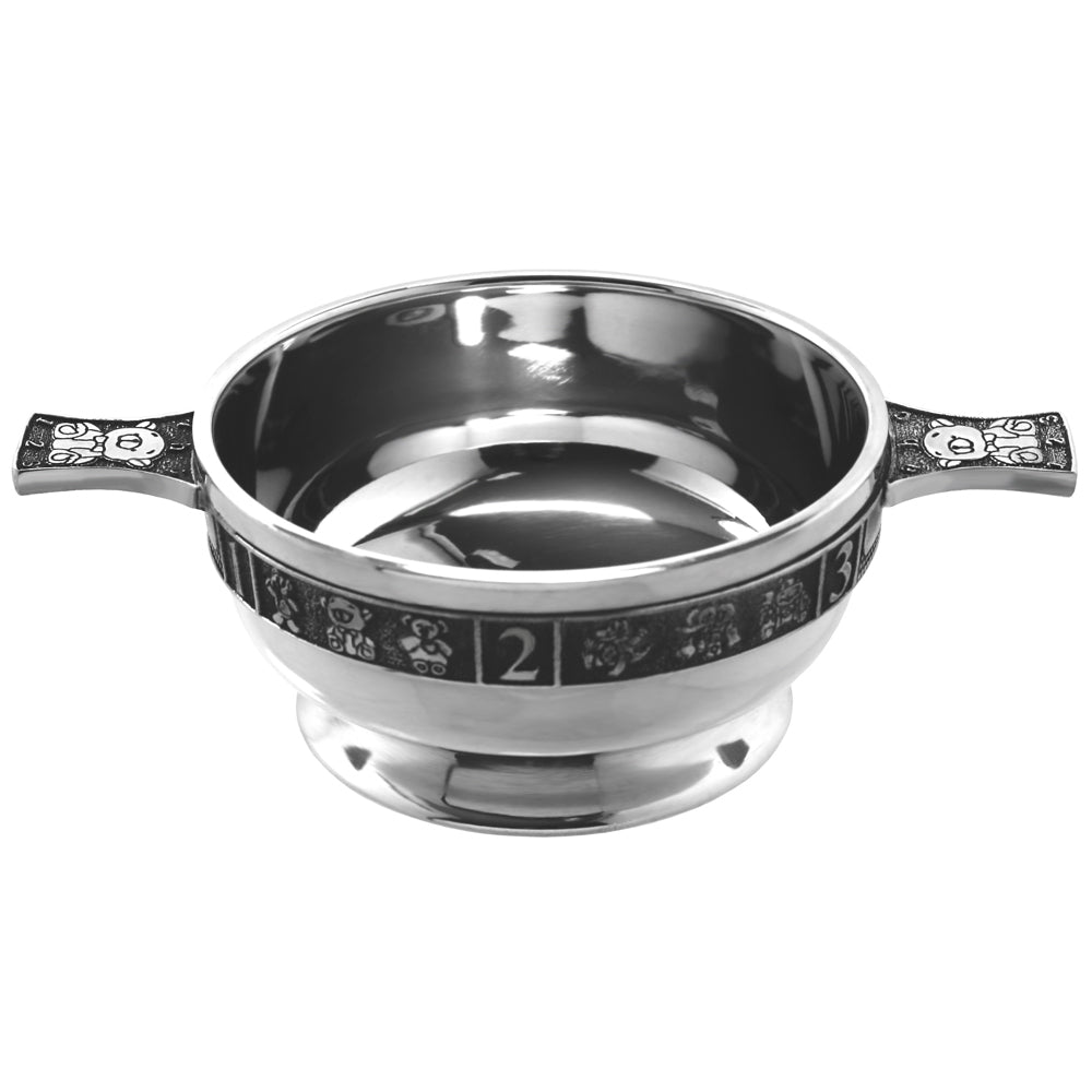 English Factory 3.5 Inch Childrens Pewter Quaich Bowl - ABC 123 Teddy Bear Handles