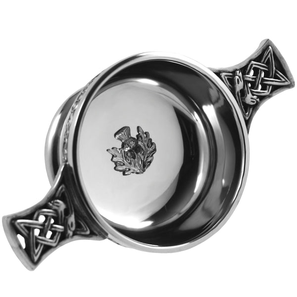 english factory 3 Inch Celtic Knot Handle Pewter Quaich Bowl with Scottish Thistle Badge