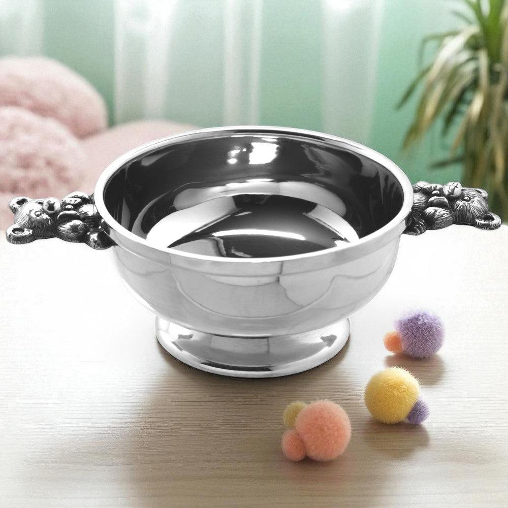 English Factory 3 Inch Childrens Teddy Bear Handle Pewter Quaich Bowl Christening Gift