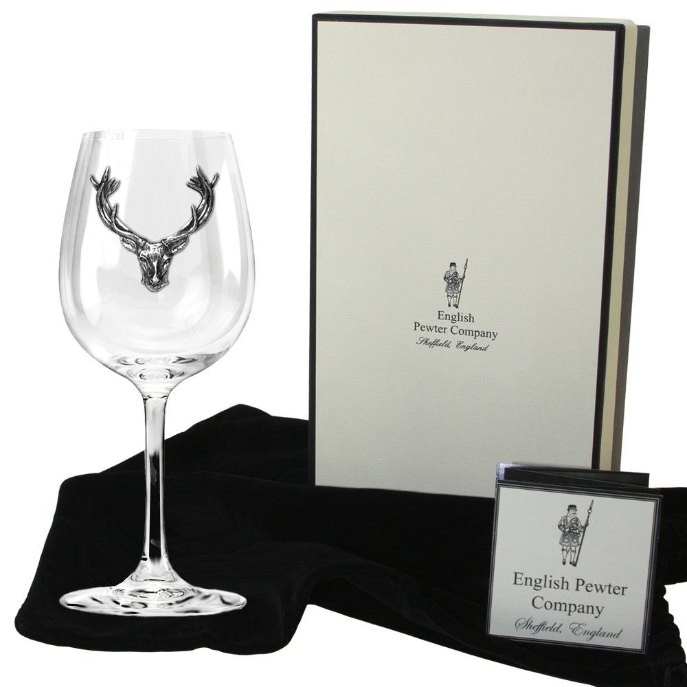 English Factory 350ml Wine Glass Personalised Gift With Pewter Stag Head