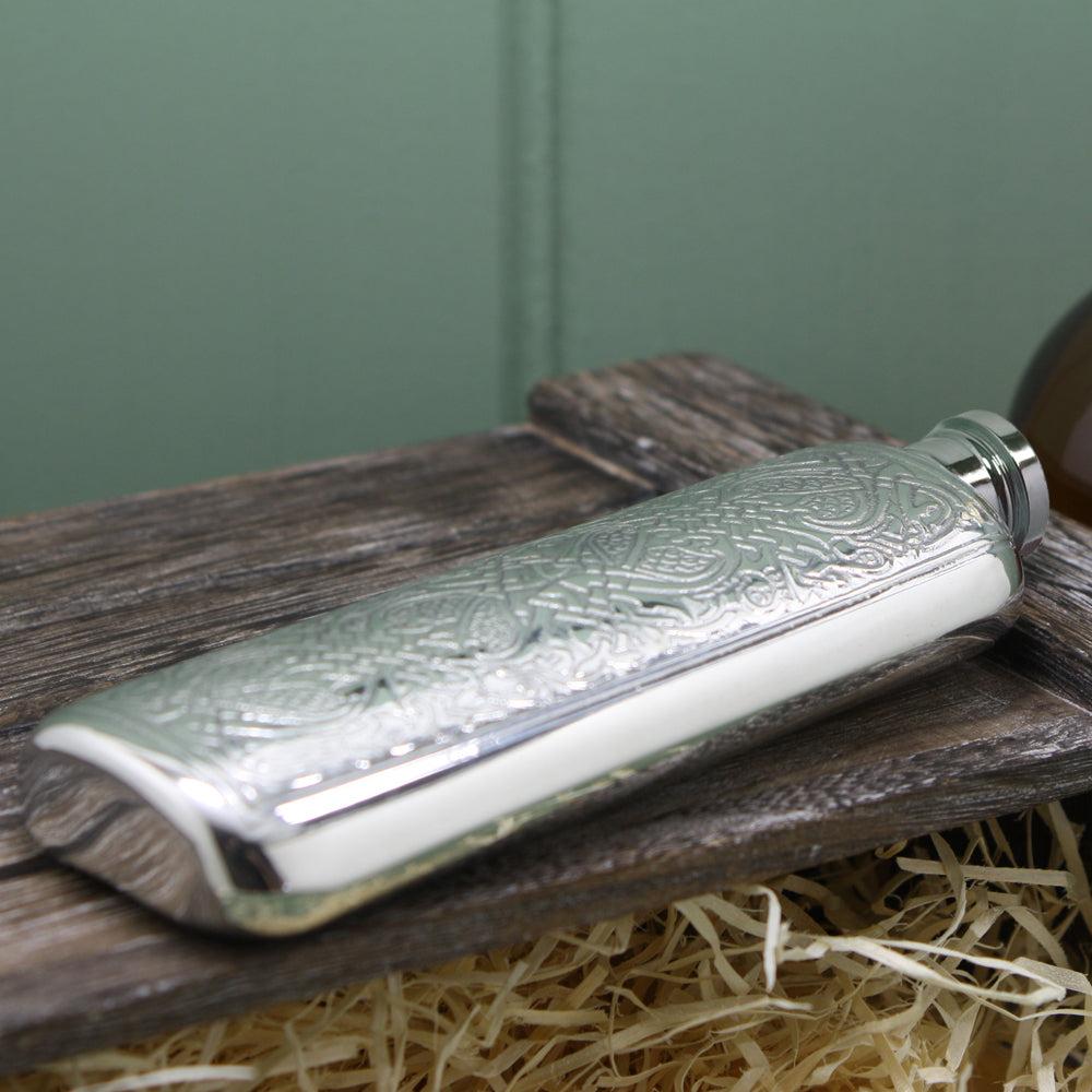 English Factory 3oz Slimline Pewter Hip Flask With Intricate Celtic Design