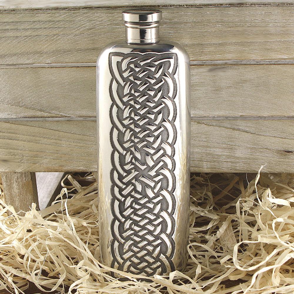 English Factory 3oz Slimline Pewter Hip Flask With Intricate Celtic Knot Design