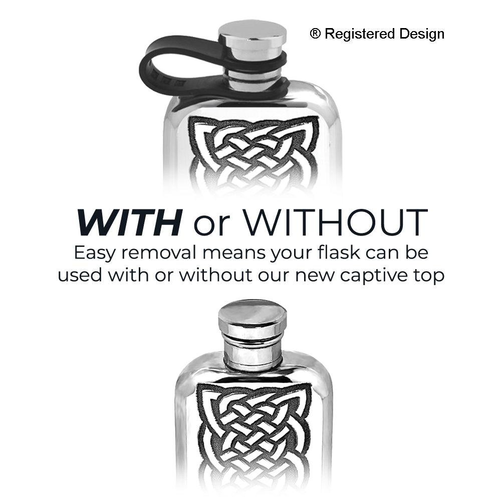English Factory 3oz Top Pocket Pewter Hip Flask With Celtic Knot Design And Flexi Cap