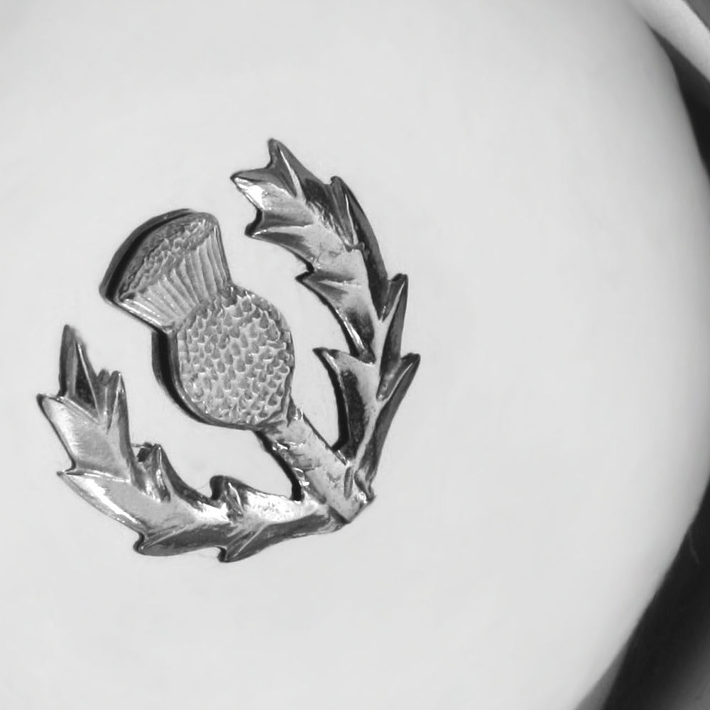 English Factory 4.5 Inch Celtic Knot Handle Pewter Quaich Bowl With Scottish Thistle Badge