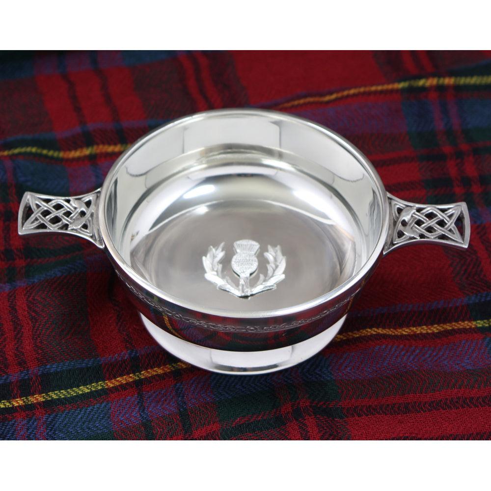 English Factory 4.5 Inch Celtic Knot Handle Pewter Quaich Bowl With Scottish Thistle Badge