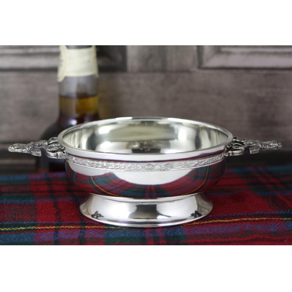 English Factory 4.5 Inch Stag Handle Pewter Quaich Bowl