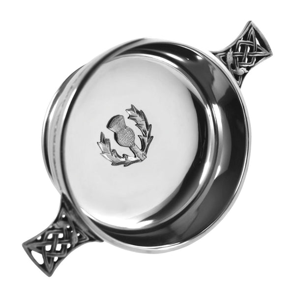 english factory 4 Inch Celtic Knot Handle Pewter Quaich Bowl with Scottish Thistle Badge